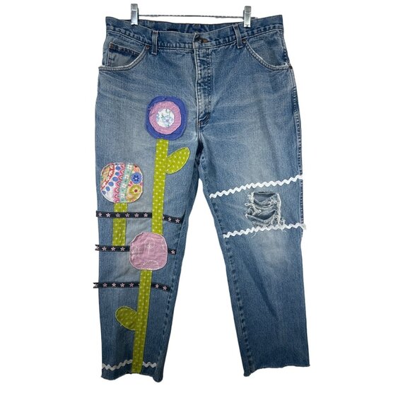 The Scrappy Camper Womens Jeans Sz L FairyGrunge Boho Festival Upcycled Floral - Picture 1 of 11